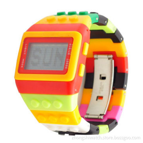 Specific Model Multi-colored Rainbow Designed Digital Lego Block Style Watch with LED Night Light